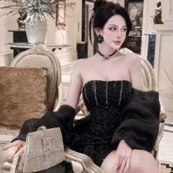 ชุดเดรส เกาะอก แต่งเพชร + ดอก สีชมพู สีดำ Brand HiSo 2185 Size S-M