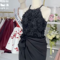 ชุดเดรส คล้องคอ แต่งดอก สีดำ Brand HiSo 2171 Size S