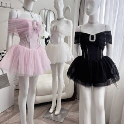 ชุดเดรส ปาดไหล่ สีชมพู  สีขาว Brand เวียดนามแท้ 2179 Size S