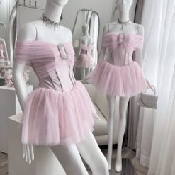 ชุดเดรส ปาดไหล่ สีชมพู  สีขาว Brand เวียดนามแท้ 2110 Size S