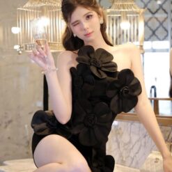 ชุดเดรส แต่งดอก สีดำ BRAND TRANALI 2168 Size S-M