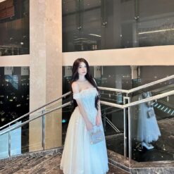 ชุดเดรส ปาดไหล่ แต่งดอก สีขาว Brand HiSo 2162 Size S