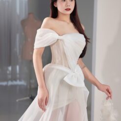 ชุดเดรส-ราตรี แต่งงาน แต่งโบว์ สีขาว Brand HiSo 3047 Size S-M