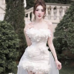 ชุดเดรส เกาะอก แต่งดอก สีขาว Brand HiSo 2181 Size S