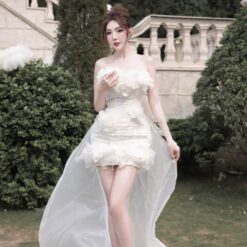 ชุดเดรส เกาะอก แต่งดอก สีขาว Brand HiSo 2181 Size S