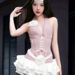 ชุดเซ็ท เสื้อ+กระโปรง แต่งดอก สีชมพู 2176 Size S,M