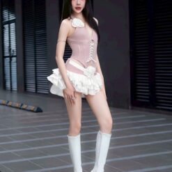 ชุดเซ็ท เสื้อ+กระโปรง แต่งดอก สีชมพู 4019 Size S-M