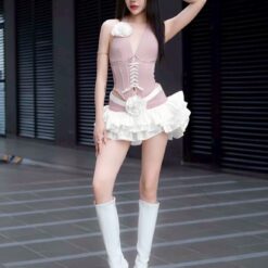 ชุดเซ็ท เสื้อ+กระโปรง แต่งดอก สีชมพู 4019 Size S-M