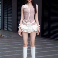 ชุดเซ็ท เสื้อ+กระโปรง แต่งดอก สีชมพู 4019 Size S-M