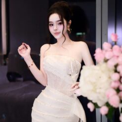 ชุดราตรียาว เกาะอก แต่งมุก สีขาว Brand HiSo 3071 Size S-M