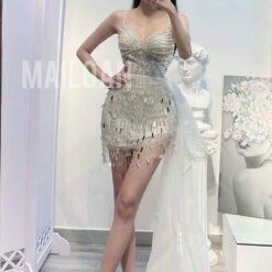 ชุดเดรส แต่งมุก สีขาว Brand HiSo 2153 Size S-M