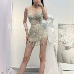 ชุดเดรส แต่งมุก สีขาว Brand HiSo 2153 Size S-M