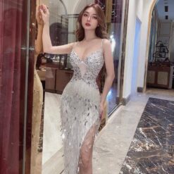 ชุดเดรส-ราตรี แต่งเพชร สีขาว Brand HiSo 3040 Size S-M