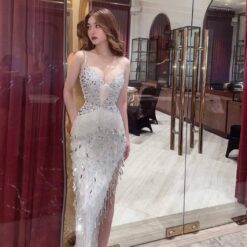 ชุดเดรส-ราตรี แต่งเพชร สีขาว Brand HiSo 3040 Size S-M