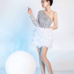 ชุดเดรส ขนนก แต่งเพชร สีขาว สีดำ Brand HiSo 2159 Size S