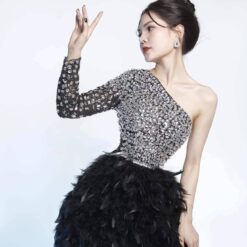 ชุดเดรส ขนนก แต่งเพชร สีขาว สีดำ Brand HiSo 2159 Size S