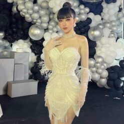 ชุดเดรส แต่งมุก สีขาว Brand HiSo 2152 Size S-M