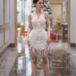 ชุดเดรส แต่งมุก สีขาว Brand HiSo 2152 Size S-M