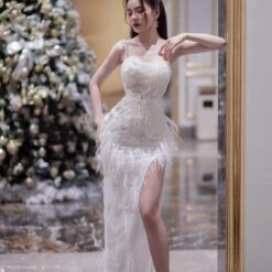 ชุดเดรส ราตรี สีขาว ขนนก Brand HiSo 3039 Size S-M