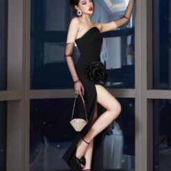 ชุดเดรสยาว แต่งดอก สีดำ BRAND MAEL 3054 Size S