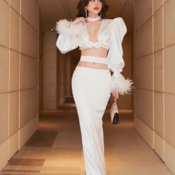 ชุดเซ็ท 2 ชิ้น ขนนก เสื้อ+กระโปรงยาว BRAND MAEL4017 Size S