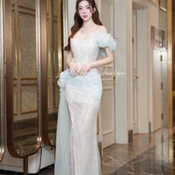 ชุดราตรี ปาดไหล่ แต่งดอก สีฟ้า-ขาว Brand HiSo 3041 Size S-M