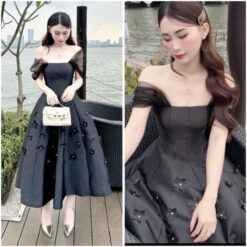 ชุดเดรส ปาดไหล่ แต่งดอก สีดำ Brand เวียดนามแท้ 3062 Size L