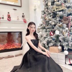 ชุดเดรส เกาะอก แต่งดอก  สีดำ Brand เวียดนามแท้ 3061 Size M-L