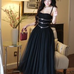 ชุดราตรี สายเดี่ยว แต่งเพชร สีดำ BRAND WABISABI 3160 Size S-M