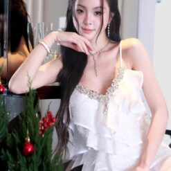 ชุดเดรส สายเดี่ยว แต่งเพชร สีขาว Brand Wabisabi 2157 Size S,M