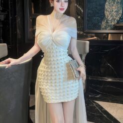 ชุดเดรส ปาดไหล่ แต่งมุก หางยาว สีขาว Brand HiSo 2160 Size S-M