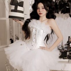 ชุดเดรส เกาะอก กระโปรงฟู สีขาว Brand HiSo 2212 Size S-M