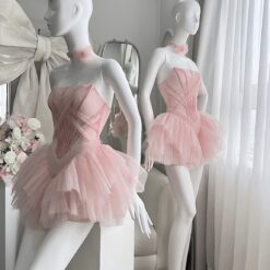 ชุดเดรส เกาะอก กระโปรงฟู ดอกที่คอ สีดำ สีชมพู ZEN LULU 2177 SIZE S-M