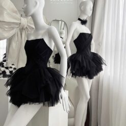 ชุดเดรส เกาะอก กระโปรงฟู ดอกที่คอ สีดำ สีชมพู ZEN LULU 2177 SIZE S-M