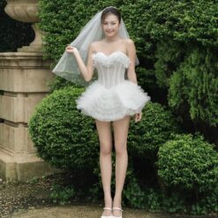 ชุดเดรส เกาะอก แต่งดอก กระโปรงฟู สีขาว LANE CI 2209 Size S-M