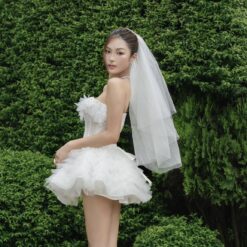 ชุดเดรส เกาะอก แต่งดอก กระโปรงฟู สีขาว LANE CI 2209 Size S-M