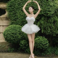 ชุดเดรส เกาะอก แต่งดอก กระโปรงฟู สีขาว LANE CI 2209 Size S-M