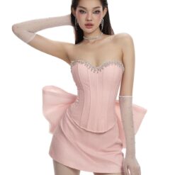 ชุดเซ็ท 3 ชิ้น เกาะอก กลิตเตอร์ แต่งเพรช โบว์ใหญ่ สีชมพู LANE CI 4025 Size S-M