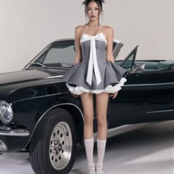 ชุดเดรส เกาะอก โบว์ขาว กระโปรงฟู สีเทา BRAND LANE CI 2210 Size S-M