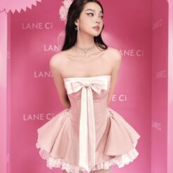 ชุดเดรส เกาะอก โบว์ขาว กระโปรงฟู สีชมพู BRAND LANE CI 2211 Size S-M
