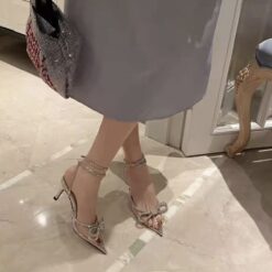 รองเท้า พรีเมียม แต่งโบว์เพชร สีเงิน สีดำ 9017 Size 36