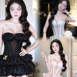 ชุดเดรส เกาะอก แต่งเพชร สีดำ สีชมพู สีขาว BRAND THAOBIBI 2214 Size M