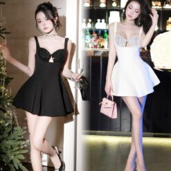 ชุดเดรส สายเดี่ยว แต่งมุก สีขาว สีดำ RAND THAOBIBI 2217 Size S