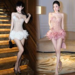 ชุดเดรส สายเดี่ยว แต่งดอก สีขาว สีชมพู BRAND THAOBIBI 2219 Size M