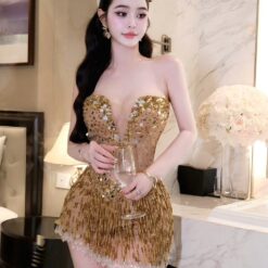 ชุดเดรส กลิตเตอร์ สีน้ำตาล-ทอง Brand HiSo 2213 Size S-M