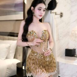 ชุดเดรส กลิตเตอร์ สีน้ำตาล-ทอง Brand HiSo 2213 Size S-M