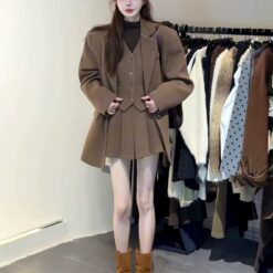 ชุดเซ็ท 3 ชิ้น เสื้อ+กระโปรง+เสื้อคลุม สีน้ำตาล สีครีม สีเทาเข้ม แบรนด์แท้ นำเข้า ตปท 9013 Size S-M