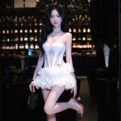 ชุดเดรส เกาะอก แต่งเพชร สีดำ สีชมพู สีขาว BRAND THAOBIBI 2214 Size M