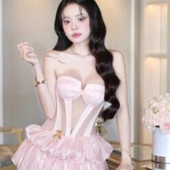 ชุดเดรส เกาะอก แต่งเพชร สีดำ สีชมพู  BRAND THAOBIBI 2214 Size M BKK