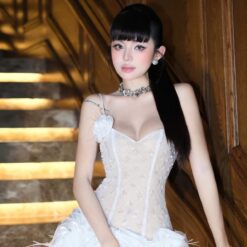 ชุดเดรส สายเดี่ยว แต่งดอก สีขาว สีชมพู BRAND THAOBIBI 2219 Size M